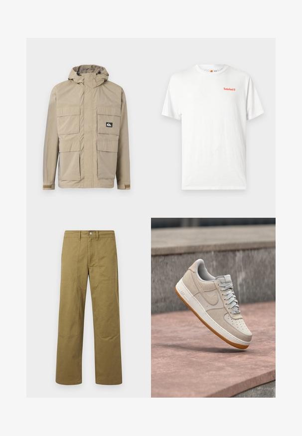 Veste imperméable beige avec capuche, dotée d'un zip à l'avant, de quatre grandes poches à l'avant et de poignets réglables. Tissu texturé avec un motif en grille.; T-shirt blanc à manches courtes avec col rond, petit logo Timberland orange sur la poitrine gauche, présenté sur un fond clair uni.; Pantalon kaki à jambe droite avec des détails de coutures visibles, des passants de ceinture, une fermeture par bouton à l'avant, et des panneaux en forme de patchs aux genoux.; Baskets Nike Air Force 1 beiges et blanches avec semelle en caoutchouc flottant au-dessus d'une surface en pierre rose et d'un fond en pierre grise.