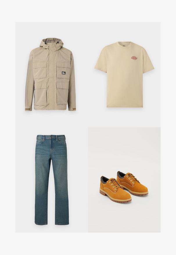 Beige wasserdichte Jacke mit Kapuze, ausgestattet mit einem Reißverschluss vorne, vier großen Fronttaschen und verstellbaren Bündchen. Strukturiertes Material mit einem Karomuster.; Beiges T-Shirt mit kurzen Ärmeln und Rundhalsausschnitt, mit kleinem rotem "Dickies"-Logo auf der linken Brust.; Jeans aus mittlerem Blau, gerade geschnitten, mit Knopfverschluss, fünf Taschen und leichter Auswaschung an der Vorderseite.; Braune Wildlederschuhe mit einer runden Zehenpartie, gelben Schnürsenkeln, einem gepolsterten schwarzen Kragen und Gummisohlen mit Rillen für besseren Halt.