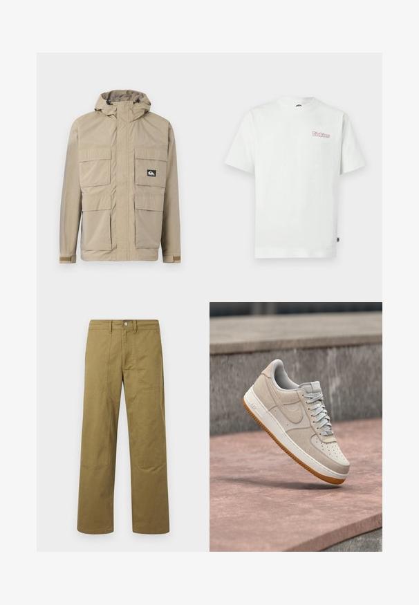 Veste imperméable beige avec capuche, dotée d'un zip à l'avant, de quatre grandes poches à l'avant et de poignets réglables. Tissu texturé avec un motif en grille.; T-shirt en coton blanc avec manches courtes, col rond, et un logo rose "Dickies" sur le côté gauche de la poitrine. Texture lisse.; Pantalon kaki à jambe droite avec des détails de coutures visibles, des passants de ceinture, une fermeture par bouton à l'avant, et des panneaux en forme de patchs aux genoux.; Baskets Nike Air Force 1 beiges et blanches avec semelle en caoutchouc flottant au-dessus d'une surface en pierre rose et d'un fond en pierre grise.