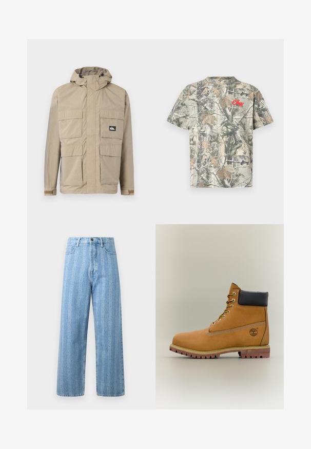 Beige wasserdichte Jacke mit Kapuze, ausgestattet mit einem Reißverschluss vorne, vier großen Fronttaschen und verstellbaren Bündchen. Strukturiertes Material mit einem Karomuster.; Kurzärmeliges T-Shirt mit Rundhalsausschnitt, bedruckt mit einem Tarnmuster in Erdtönen und einem roten, gestickten "Obey"-Logo auf der Vorderseite.; Hellblaue Denim-Jeans mit weitem Bein, die ein wiederkehrendes Kettenmuster aufweisen. Klassischer Fünf-Taschen-Stil und metallischer Knopf. ; Brauner Leder-Stiefelette mit schwarzem Kragen, gelben Schnürsenkeln und hellbrauner Sohle. Verfügt über ein Logo und weiße Ziernähe. Robuste Profilsohle.