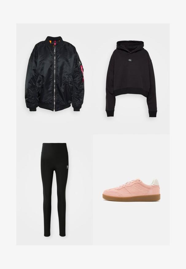 Sort bomberjakke lavet af glat, blankt materiale. Har lynlås foran, ribbede manchetter, sidelommer og en lommedel med lynlås på armen med et rødt mærke.; Sort cropped hoodie lavet af blødt stof med en logo-patch foran, ribbet søm og manchetter samt en stor hætte.; Sorte leggings lavet af strækbart materiale med høj talje, med et lille hvidt Adidas-logo på venstre ben. Glat tekstur.; Lyserøde ruskinds sneakers med en tekstureret overdel, rund tå og en gummisål. Har tonalt syning og en polstret krave.