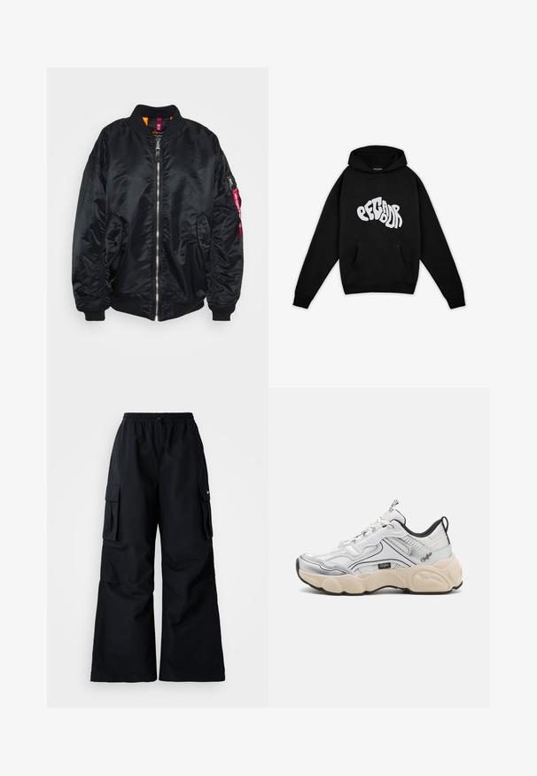 Μαύρο bomber jacket φτιαγμένο από απαλό, γυαλιστερό υλικό. Διαθέτει φερμουάρ μπροστά, ριμπ μανσέτες, πλαϊνές τσέπες και τσέπη με φερμουάρ στο μανίκι με κόκκινη ετικέτα.; Pegador PALUMA OVERSIZED HOODIE - Φούτερ - black; Μαύρο cargo παντελόνι με φαρδιές γραμμές, ελαστική μέση, ρυθμιζόμενο κορδόνι και δύο πλαϊνές τσέπες. Φτιαγμένο από λείο, ελαφρύ ύφασμα.; Λευκό αθλητικό παπούτσι με διχτυωτές και συνθετικές πάνελ, ασημένιες λεπτομέρειες, χοντρή κρέμα σόλα και αντίθετες μαύρες λεπτομέρειες. Διαθέτει σύστημα κορδονιών.