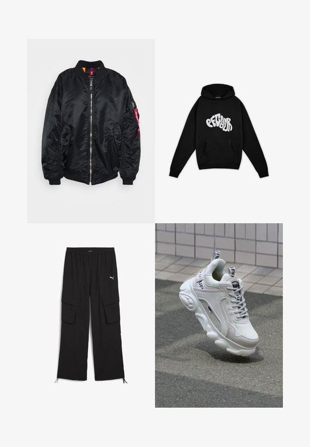 Sort bomberjakke lavet af glat, blankt materiale. Har lynlås foran, ribbede manchetter, sidelommer og en lommedel med lynlås på armen med et rødt mærke.; Pegador PALUMA OVERSIZED HOODIE - Sweatshirt - black; Svarte cargo-bukser med bred ben-design, elastisk talje, to sidelommer og snoretræk ved kanten. Har et lille hvidt logo.; Hvide sneakers med mesh- og lædermaterialer, rund tå, tyk sål, fremtrædende snørebånd og branding på hælen og tungen.