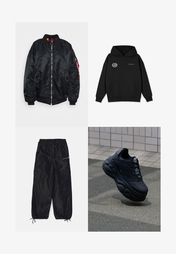 Sort bomberjakke lavet af glat, blankt materiale. Har lynlås foran, ribbede manchetter, sidelommer og en lommedel med lynlås på armen med et rødt mærke.; Sort pullover hoodie med en stor frontlomme, ribbede ærmer og bund, med et rundt logo på brystet og "PEGADOR" trykt fortil.; Sorte cargobukser lavet af blank nylon med elastisk talje, justerbar snor, sidelommer og elastiske manchetter.; Sorte klodset sneakers med en glat læderoverdel, hævet sål med bølgende mønstre og snørebånd for en sikker pasform. Branding på tungen.