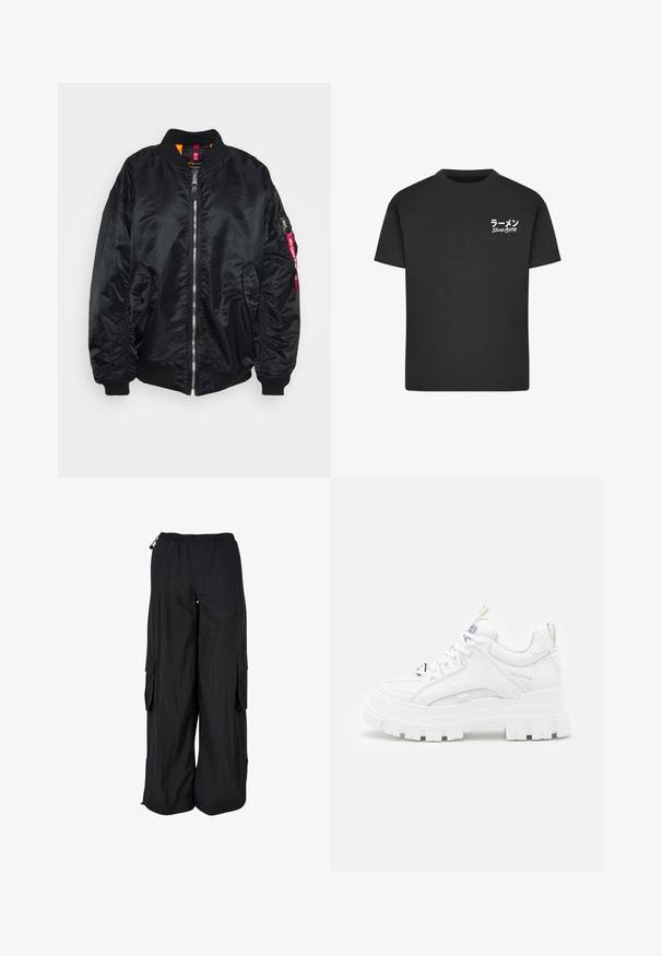 Veste bomber noire en matériau lisse et brillant. Présente un front zippé, des poignets couverts en côtes, des poches latérales et une poche zippée sur le bras avec une étiquette rouge.; T-shirt noir en coton avec un col rond. Présente du texte blanc, y compris des caractères japonais et les mots "Slurp Away" sur la zone gauche de la poitrine.; Pantalon cargo noir à jambes larges avec ceinture élastique, poches latérales à rabat et cordons réglables à la taille et à l'ourlet.; Baskets blanches chunky avec une tige texturée, un col rembourré et une semelle épaisse à stries. Présente des lacets noirs contrastants et un détail de marque.