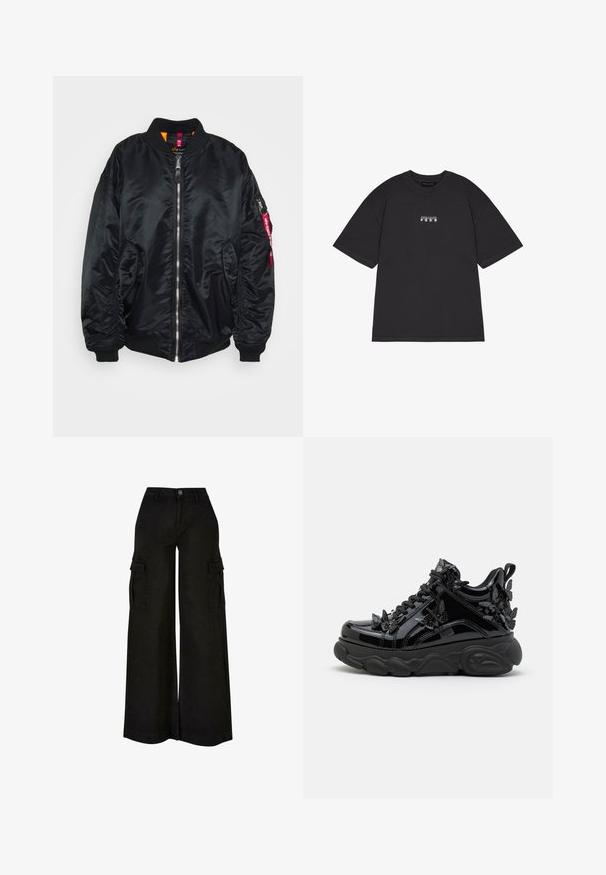 Μαύρο bomber jacket φτιαγμένο από απαλό, γυαλιστερό υλικό. Διαθέτει φερμουάρ μπροστά, ριμπ μανσέτες, πλαϊνές τσέπες και τσέπη με φερμουάρ στο μανίκι με κόκκινη ετικέτα.; Μαύρη βαμβακερή μπλούζα με κοντά μανίκια, featuring ένα μικρό λευκό γραφικό κείμενο "PEGAIDOR PGDR" μπροστά. Απλή σχεδίαση με στρογγυλή λαιμόκοψη.; Μαύρο παντελόνι cargo με φαρδιά μπάσκα, ψηλή μέση, κουμπί μπροστά, φερμουάρ, θηλιές ζώνης και καπάκια σε τσέπες και στα δύο μηρά.; Μαύρα παπούτσια αθλητικά από patent δέρμα με χοντρή σόλα, διακοσμημένα με ανάγλυφες λεπτομέρειες πεταλούδας, υφασμάτινες πάνελ με υφή και μαύρα κορδόνια.