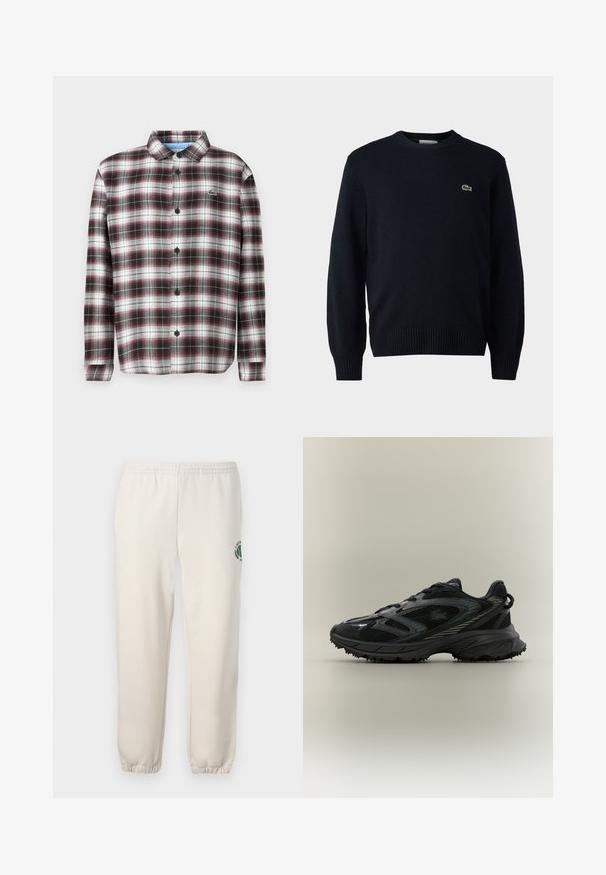 Rute skjorte med knapper i mørkerød, sort og hvid; lavet af bomuldsblandet stof; har en nedfoldet krave og sorte knapper; logo på brystet.; Marine crew-neck sweater lavet af blødt materiale, med ribbede manchetter og kant. Lille grønt Lacoste-logo på brystet.; Lys beige sweatpants lavet af bomuld, med elastisk talje, ribbede mansjetter og et grønt logo med bladdesign på venstre ben.; Sort atletisk sko med meshpaneler, en tekstureret sål, snørebånd og en buet silhuet med sølvfarvede accenter på siderne.