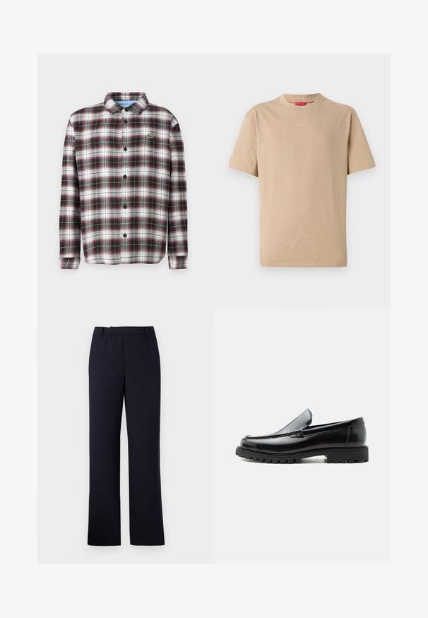 Rute skjorte med knapper i mørkerød, sort og hvid; lavet af bomuldsblandet stof; har en nedfoldet krave og sorte knapper; logo på brystet.; Beige bomulds T-shirt med korte ærmer, rund halsudskæring og subtilt "HUGO" logo i midten. Glat overflade, afslappet pasform.; Libertine-Libertine DECADE TAILORED - Bukser - navy; Sort læderloafer med chunky gummisål, syet overdel og præget mærkenavn på hælen, vist i sideprofil på hvid baggrund.
