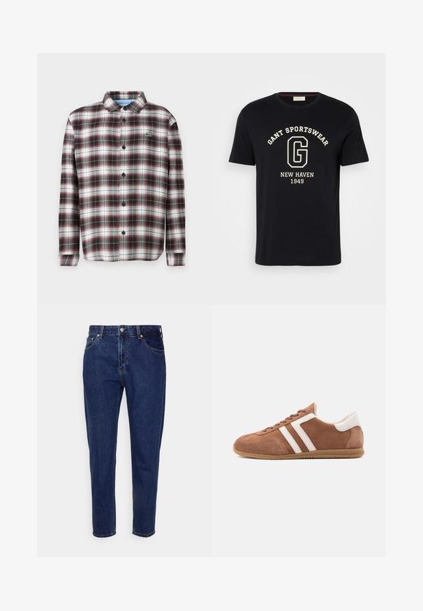 Ruud triibuline särk tumesinisest, mustast ja valgest; puuvilla segu kangas; omadused: allakeeratud krae ja mustad nupud; logo rinnal.; Must lühikeste varrukatega T-särk valge kirjaga „GANT SPORTSWEAR“, mis on kõverdatud suure „G“ peale ja „NEW HAVEN 1949“ keskjoonel all.; Tumesinised sirge säärega teksapüksid esi- ja tagataskute, eest lukustuva nööbi ja tõmblukuga ning vööaasadega.; Pruun seemisnahast tennisejalanõu valgete nahksete triipude ja kandetikandiga, beež kummikontsa ja paeltega kinnitusega, esitatud küljelt valgel taustal.