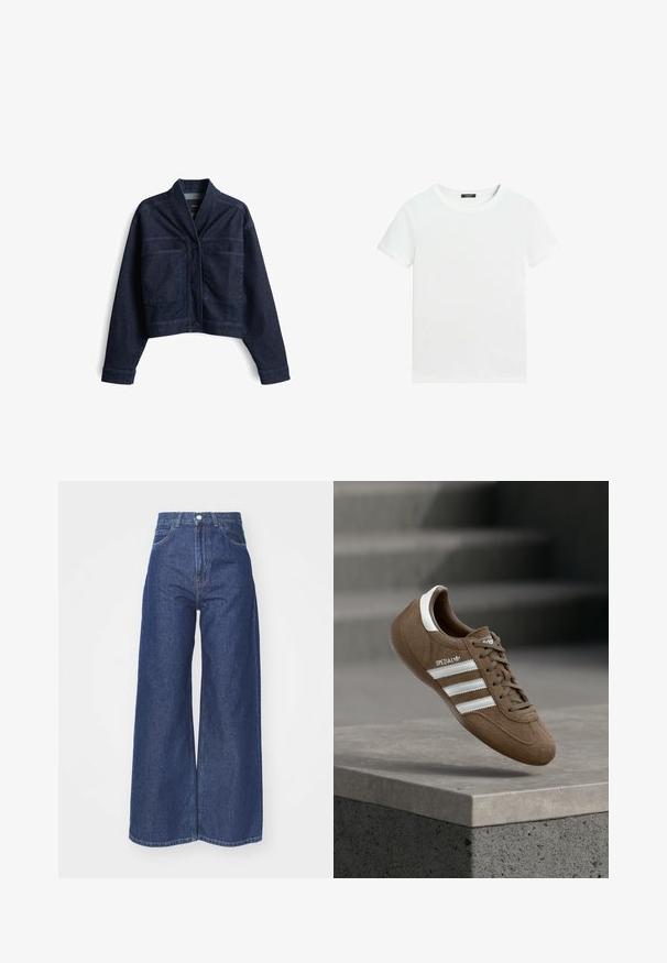 Geknipte donkerdenimjacket met een sjawlkol, sluiting met knopen aan de voorkant en twee knoopzakken op de borst. Glad materiaal met subtiele stikdetails.; Effen wit T-shirt met korte mouwen, een ronde hals en een klein zwart labeltje aan de binnenkant van de kraag.; Wijd-uitlopende jeans van donkerblauwe denim. Hoge taille met een ritssluiting en knoopsluiting. Bevat klassieke vijf-pocket styling en gezoomde randen.; Bruine suède Adidas Spezial sneaker met witte strepen en veters, zwevend boven een grijze betonnen richel tegen een vervaagde trap op de achtergrond.