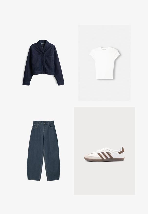 Geknipte donkerdenimjacket met een sjawlkol, sluiting met knopen aan de voorkant en twee knoopzakken op de borst. Glad materiaal met subtiele stikdetails.; Witte t-shirt met korte mouwen van zachte katoen, met een ronde halslijn en een getailleerde vorm. Geen zichtbare patronen of versieringen.; Donkerblauwe denim wijde broek met hoge taille, voorzien van vijf zakken en zichtbare stikseldetails. Schoon, minimaal ontwerp.; Witte Adidas Samba sneaker met bruine suède strepen, bruine rubberen zool en beige suède neuskap, getoond vanaf de buitenkant op een effen achtergrond.