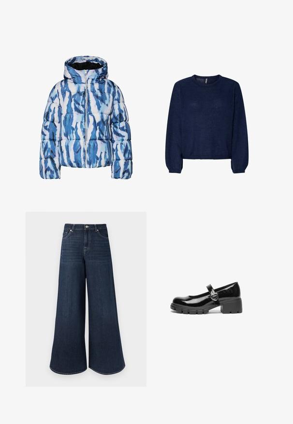 Blau-weiße, abstrakt gemusterte Steppjacke mit Kapuze und Frontreißverschluss, gepolstert und wattiert für Wärme.; Marineblauer Strickpullover mit Rundhalsausschnitt, langen Ärmeln und cropped Saum. Weiche Textur, keine sichtbaren Muster oder Verzierungen.; Weit geschnittene Jeans aus dunkelblauem Denim mit hohem Bund, ausgestattet mit gesteppten Details, Knopfverschluss und klassischem Fünf-Taschen-Design.; Schwarzer lackleder Mary Jane Schuh mit einem klobigen Absatz, runder Spitzenform und einem Riemen mit einer herzförmigen Schnalle.