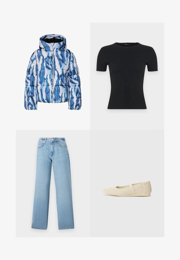 Blau-weiße, abstrakt gemusterte Steppjacke mit Kapuze und Frontreißverschluss, gepolstert und wattiert für Wärme.; Schwarzes, geripptes T-Shirt mit kurzen Ärmeln, runder Halslinie, figurbetontem Design, hergestellt aus strukturiertem Stoff, mit glatter Oberfläche und ohne sichtbare Akzente.; Helle blaue weit geschnittene Jeans aus Denim, mit hoher Taille, fünf Taschen und einem Knopfverschluss mit Reißverschluss.; Beige Ballerinas aus glattem Leder mit mandelförmiger Zehenpartie und elastischem Riemen über dem Fußrücken, ausgestattet mit dezenten Nähtelementen.