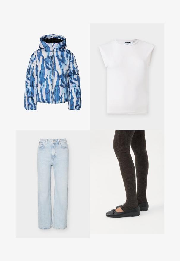 Blå og hvid abstrakt mønstret pufferjakke med hætte og for-lynlås, quilted og polstret for varme.; Hvid ærmeløs top med rund hals og polstrede skulderdetaljer, lavet af ensfarvet stof, vist på en neutral baggrund.; Lyseblå jeans med højt talje og lige ben, forrest med knapper og lynlås, samt lommer foran og bagpå på en ensfarvet baggrund.; Ben iført mørke ribbede leggings kombineret med sorte balletsko med små sløjfedetaljer på hvid baggrund.