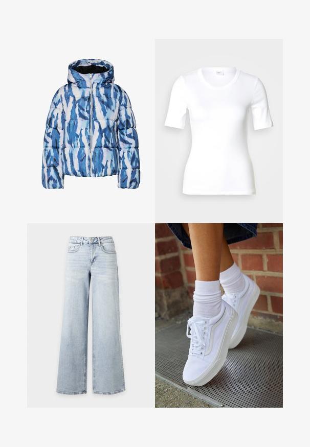 Blå og hvid abstrakt mønstret pufferjakke med hætte og for-lynlås, quilted og polstret for varme.; Hvid T-shirt med korte ærmer lavet af glat bomuld, med rund halsudskæring og en tætsiddende pasform. Klassisk design uden mønstre eller detaljer.; Lyseblå jeans med høj talje og vide ben, med knap- og lynlås, for- og baglommer, vist på hvid baggrund.; Hvide lærreds sneakers med gummisåler, der har seks snørehuller, rund tå og let sømdetaljer, krydret med hvide ankelstrømper.