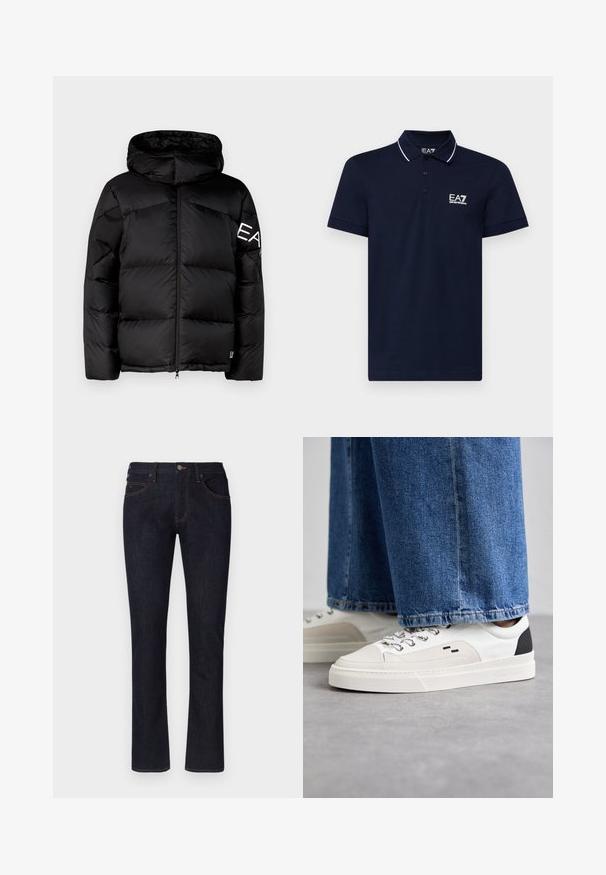Schwarze Daunenjacke mit Kapuze, gestepptem Design, Reißverschluss vorne und großem Logo auf dem linken Ärmel; glatte Textur und isolierte Polsterung.; Navyblaue Poloshirt aus Baumwolle mit klassischem Kragen, einer Drei-Knopf-Leiste und weißen Akzenten entlang des Kragens und der Ärmel. EA7-Logo in Weiß.; Dunkelblaue Jeans aus Denim mit geradem Bein, Fünf-Taschen-Design, Kupfernähten und einer vorderen Knopfverschluss. Weiche Textur, klassischer Stil.; Weiße und schwarze Sneaker mit einem Obermaterial aus glattem Leder, strukturierten Akzenten und einer massiven weißen Sohle. Verfügt über ein klassisches Schnürdesign.