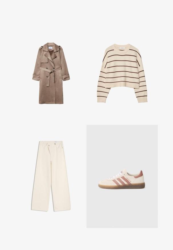 Manteau trench en suédine beige avec col, devant croisé, poches latérales et ceinture nouée à la taille. Comprend des épaulettes.; Pull crème avec des rayures horizontales marron, doté d'un col rond, d'un ourlet court et de poignets côtelés. Matière en tricot douce.; Pantalon large couleur écru avec poches avant, passants pour ceinture, et boutons argentés sur la ceinture et les bords des poches.; Baskets en daim beige avec des accents roses, trois bandes roses, des lacets blancs et une semelle en gomme transparente. Marque "Spezial" sur le côté.