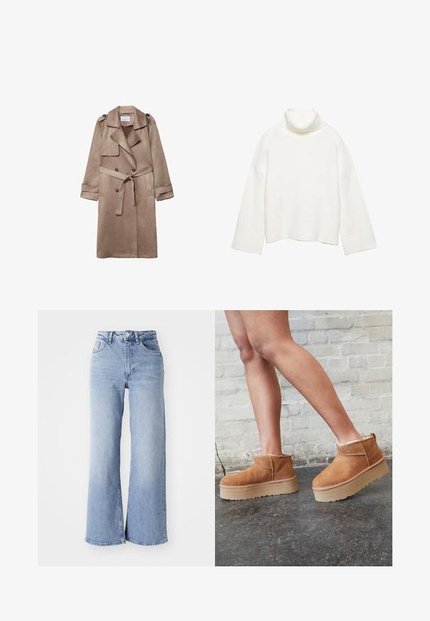 Manteau trench en suédine beige avec col, devant croisé, poches latérales et ceinture nouée à la taille. Comprend des épaulettes.; Pull à col roulé blanc en tissu doux, présentant une coupe décontractée, des épaules tombantes et des poignets et un ourlet larges côtelés.; Jean à taille haute, large et bleu clair, avec poches avant et arrière, fermeture à bouton et nuances subtiles d'usure sur les cuisses et les ourlets.; Bottines en suède marron avec une doublure en peluche, semelle épaisse en beige et une poignée à l'arrière. Surface texturée avec des détails de couture visibles.