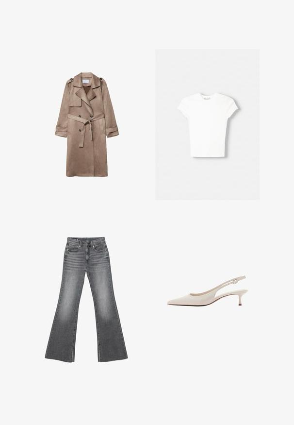 Manteau trench en suédine beige avec col, devant croisé, poches latérales et ceinture nouée à la taille. Comprend des épaulettes.; T-shirt blanc à manches courtes en coton doux, avec un col rond et une coupe ajustée. Pas de motifs ni d'ornements visibles.; Jean en denim gris délavé avec taille haute, bouton à l'avant et fermeture éclair, doté de jambes évasées larges et de poches avant et arrière.; Chaussure slingback beige à bout pointu avec petit talon kitten et bride réglable à boucle.