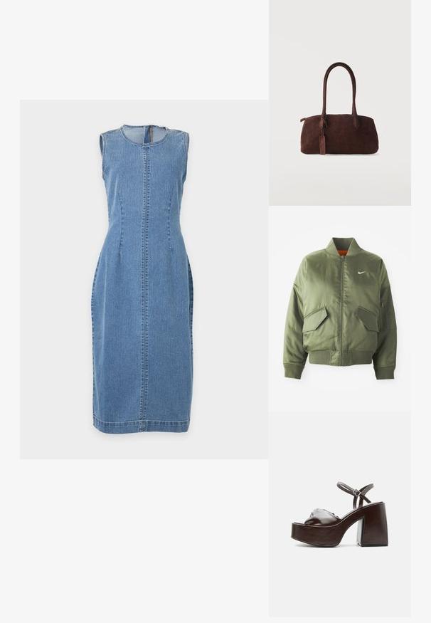 Olivengrøn bomberjakke med ribbet krave og manchetter, lynlås-lukning, to frontlommer og en sidelomme med lynlås. Har Nike-logo i hvid.; Ærmeløs blå denim midi-kjole med rund halsudskæring og synlige søm-detaljer ned langs midten og siderne, tætsiddende ved taljen.; Mørkebrune læderplatformsandal med chunky blokhæl, åben tå og justerbar ankelrem med metal spænde.; Mørkebrun ruskindshåndtaske med to lange håndtag og en lille fastgjort tag, sat mod en ensfarvet lys baggrund.