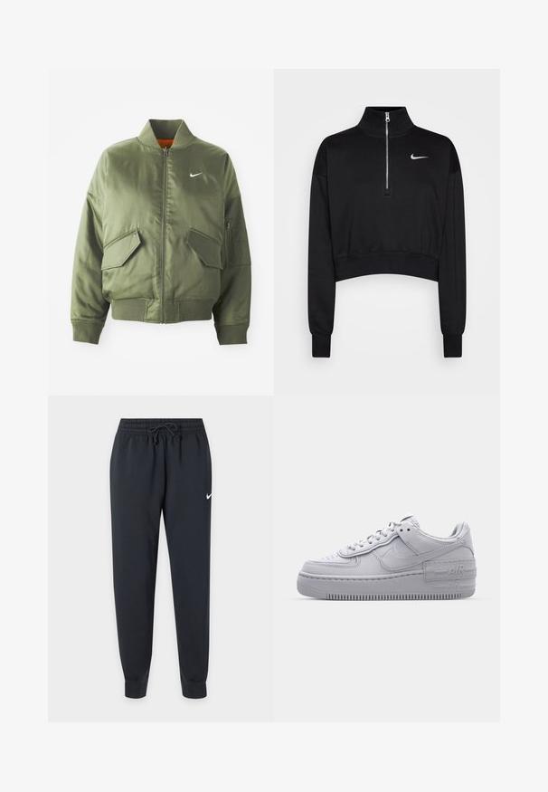 Olivengrøn bomberjakke med ribbet krave og manchetter, lynlås-lukning, to frontlommer og en sidelomme med lynlås. Har Nike-logo i hvid.; Sort cropped sweatshirt med høje krave, halv lynlås, ribbede manchetter og et lille hvidt Nike-logo på venstre bryst. Blød stoftekstur.; Sorte Nike joggingbukser med elastisk talje og snøre, tilspidsede ben, manchetter ved anklerne og lille hvid Nike swoosh på højre lår.; Grå Nike Air Force 1 sneakers med perforeret tå, glat læderoverdel, tyk sål og præget 'AIR' detalje på hælen.