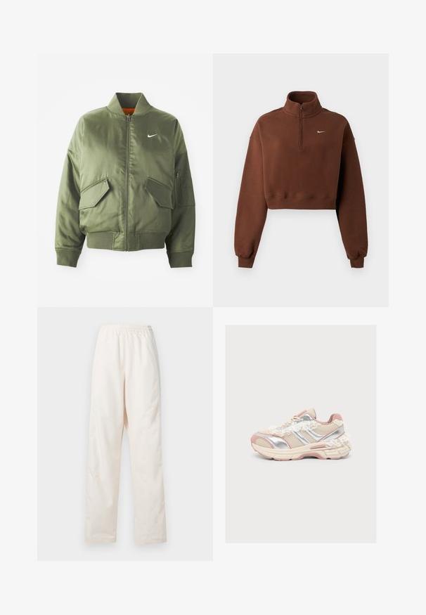 Olivengrøn bomberjakke med ribbet krave og manchetter, lynlås-lukning, to frontlommer og en sidelomme med lynlås. Har Nike-logo i hvid.; Brun cropped sweatshirt med lange ærmer, kvart lynlås ved kraven, ribstrikkede manchetter og kant, med lille hvidt Nike-logo på brystet.; Løse, cremefarvede bukser med elastisk talje og lige ben, vist mod en ensfarvet hvid baggrund.; Beige og lyserød sneaker med sølvdetaljer og snøredetaljer på siden og hælen, vist i profil på en ensfarvet lys baggrund.