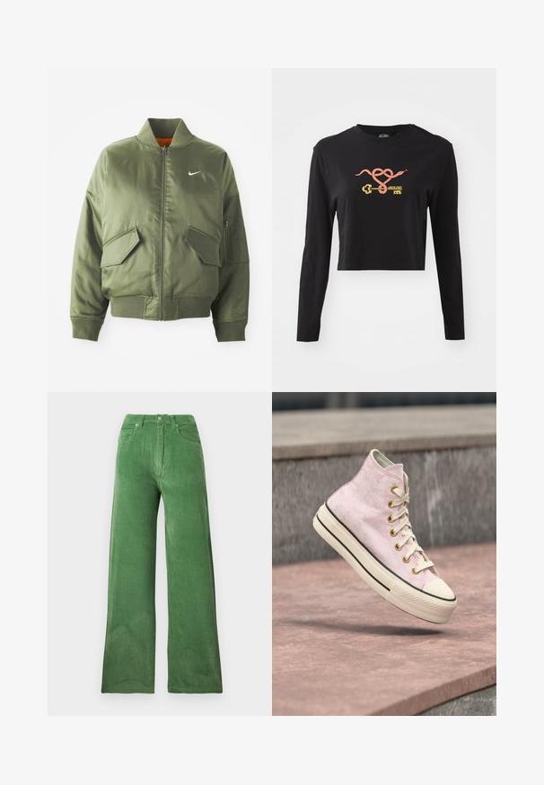 Olivengrøn bomberjakke med ribbet krave og manchetter, lynlås-lukning, to frontlommer og en sidelomme med lynlås. Har Nike-logo i hvid.; Sort langærmet crop top lavet af bomuld. Har et farverigt grafisk motiv af en slange og en nøgle på forsiden. Enkel design med rund hals.; Grønne fløjlsbukser med bred benvidde og struktureret finish, fem lommer og metal knaplukning. Lodrette striber fremhæver stoffet.; Lyserøde højtådede sneakers med cremefarvede snørebånd og tyk sål svæver over en baggrund af betontrin.