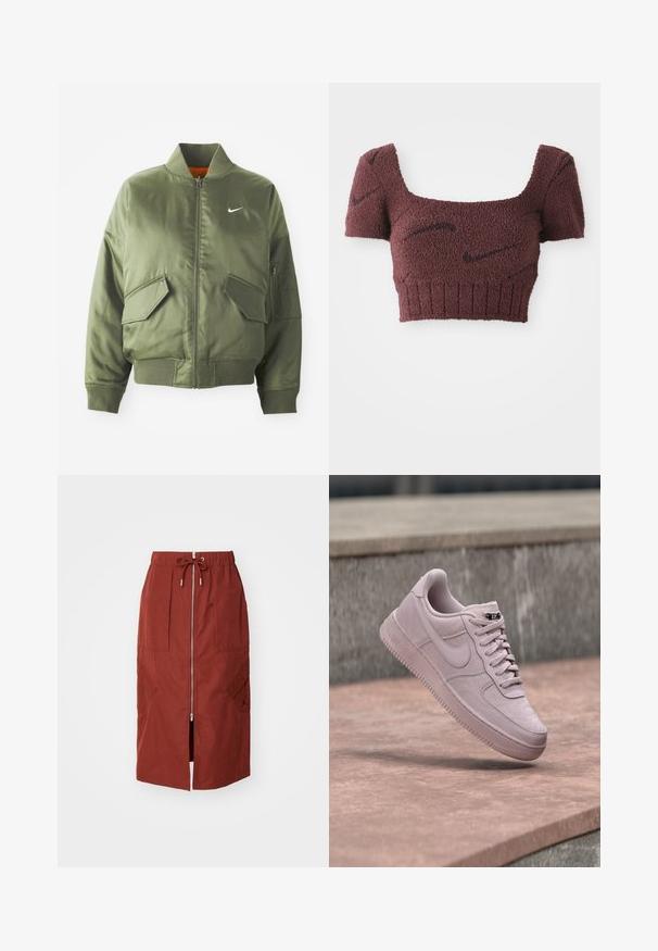Olivovo zelená bomber bunda s vypčím golierom a manžetami, zipsovým zapínaním, dvoma prednými vreckami a bočným vreckom na zips. Obsahuje logo Nike v bielej farbe.; Lila skrátený top s textúrovanou tkaninou, štvorcovým výstrihom, krátkymi rukávmi a rebrovaným lemom, ktorý je ozdobený jemnými tmavými vzormi.; Sukňa strednej dĺžky v terakotovo červenej farbe, s predným zipsom, elastickým pásom so šnúrkou a bočnými vreckami s geometrickým dizajnom.; Svetloružový teniska Nike Air Force 1 plávajúci nad betónovým povrchom s ružovým nádychom a sivou kamennou stenou v pozadí.