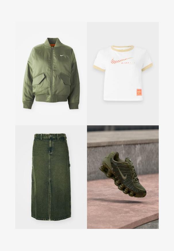 Olivovo zelená bomber bunda s vypčím golierom a manžetami, zipsovým zapínaním, dvoma prednými vreckami a bočným vreckom na zips. Obsahuje logo Nike v bielej farbe.; Biele tričko s zlatým lemovaním, s červeným károvaným logom Nike swoosh, textom "NIKE AIR" a malou oranžovou nášivkou Nike na leme.; Zelená džínová sukňa s polovičnou dĺžkou, predným rozparkom, zapínaním na gombík a pútka na opasok. Jej textúra je mierne vyblednutá a má bočné vrecká.; Teniska Nike v olivovo zelenej farbe, s vrchnou časťou z oka s textúrovanými panelmi, polstrovanou podrážkou a viditeľným vzduchovým odpružením pre pohodlie.
