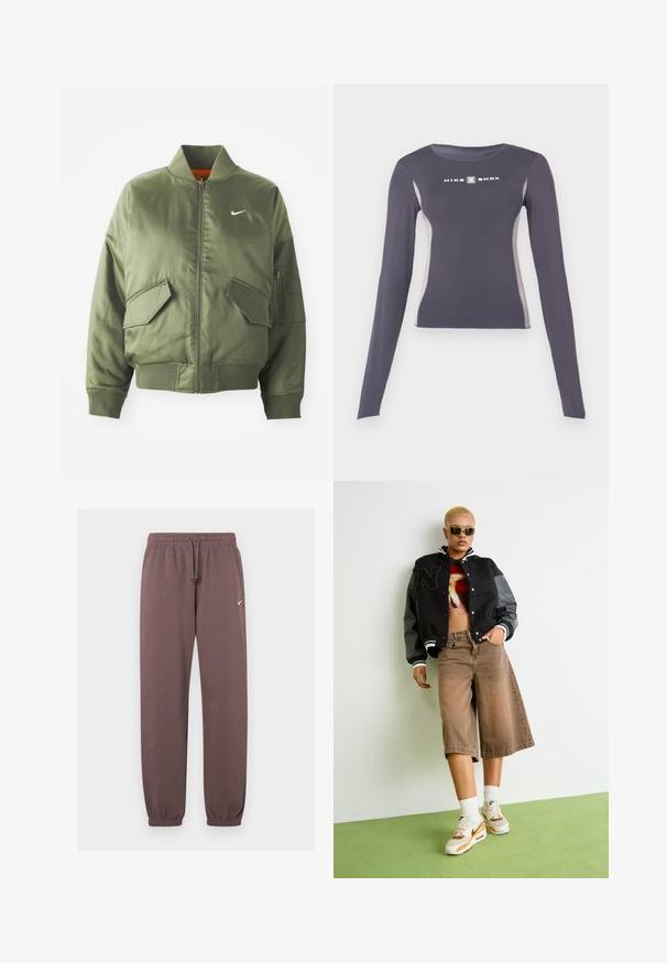 Olivengrøn bomberjakke med ribbet krave og manchetter, lynlås-lukning, to frontlommer og en sidelomme med lynlås. Har Nike-logo i hvid.; Mørkegrå langærmet tætsiddende atletiktrøje med lysegrå sidepaneler og hvidt "Nike Shox" logo på brystet.; Brune Nike træningsbukser med elastisk talje, snor, manchetter ved anklerne og et lille hvidt Nike-logo på den øverste venstre læg.; Person med kort blondt hår iført solbriller, sort varsity-jakke, grafisk crop top, brune vide shorts og hvide Nike sneakers, stående på grønt gulv.