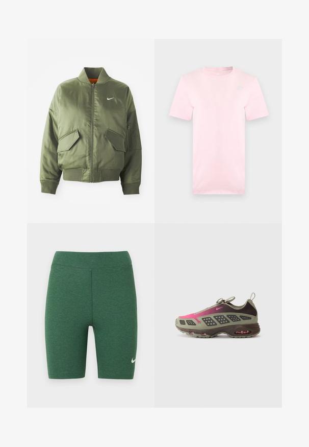 Olivenfarbene Bomberjacke mit geripptem Kragen und Bündchen, Reißverschluss, zwei Fronttaschen und einer seitlichen Reißverschlusstasche. Mit Nike-Logo in Weiß.; Hellrosa kurzärmliges T-Shirt mit Rundhalsausschnitt und kleinem weißem Nike-Logo auf der oberen linken Brust.; Grüne Sportschorts aus Stretchmaterial. Hoch tailliertes Design mit flachen Nähten und einem weißen Nike-Logo am unteren linken Bein.; Sportlicher Schuh mit einer Mischung aus olivgrünem und dunkelbraunem Material sowie pinken Akzenten. Strukturiertes Obermaterial und sichtbare Luftpolsterung in der Sohle.