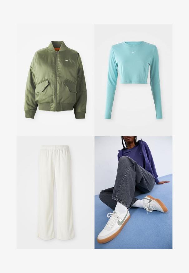 Olive rohelise värvi bomber-jakk ribidega krae ja varrukate, tõmbluku sulgemise, kahe ees oleva tasku ja ühe küljetaskuga. Omab valget Nike logo.; Hele sinine lühikeste varrukatega särk, mis on valmistatud siledast kangast, ümmarguse kaelusega ja rinnal väikese valge logoga.; Kreemivärvi püksid laia säärekujundusega, valmistatud kergest materjalist, vertikaalsete triipudega ja elastse vöökohtaga.; Valged Nike spordijalatsid hallide aktsentidega, kummitald, koos valgete sokkidega. Tumedast hallist, väheselt kulunud laia säärega teksad. Sinine taust.