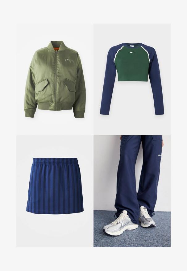 Olivengrøn bomberjakke med ribbet krave og manchetter, lynlås-lukning, to frontlommer og en sidelomme med lynlås. Har Nike-logo i hvid.; Langærmet cropped sweatshirt med mørkegrøn front, marineblå ærmer, hvid piping og hvid Nike swoosh logo på brystet.; Mørkeblå nederdel med lodrette striber, elastisk talje, længde til midten af låret, lavet af letvægtsstof, glat tekstur.; Nike sportssko med en sølvfarvet mesh-overdel, hvide detaljer og strukturerede såler, parret med løstsiddende navy bukser.