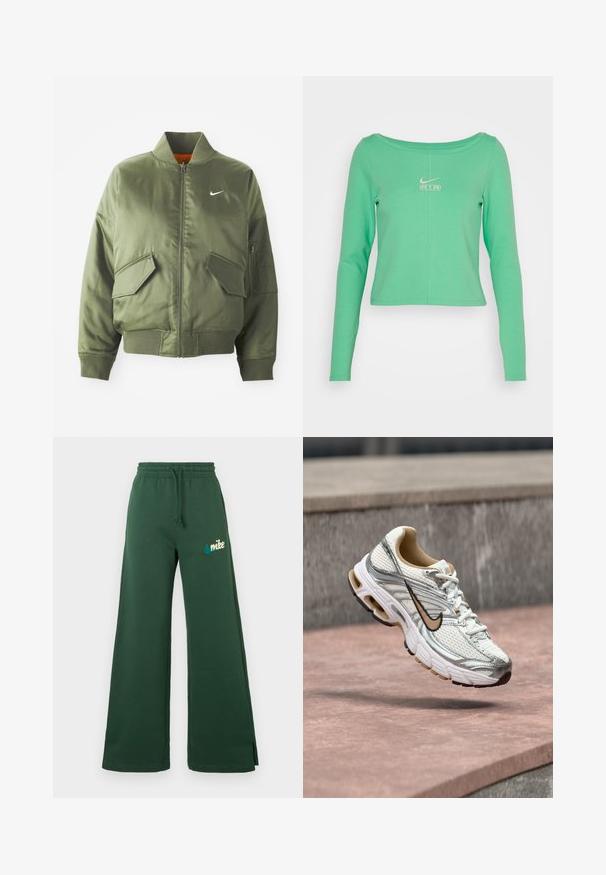 Olijfgroen bomberjack met geribde kraag en manchetten, rits sluiting, twee voorzakken en een zijritszak. Voorzien van het Nike-logo in het wit.; Langsleeve, cropped shirt in mintgroen van glad katoen, met een ronde halslijn en een wit Nike Air-logo op de borst.; Donkergroene wijde sweatpants van zachte stof met een elastische tailleband, trekkoord, zijzakken en een teal geborduurd Nike-logo op de linker bovenbeen.; Witte en zilveren Nike hardloopschoen met een beige swoosh-logo, getoond zwevend boven een stenen oppervlak met een onscherpe grijze muur op de achtergrond.