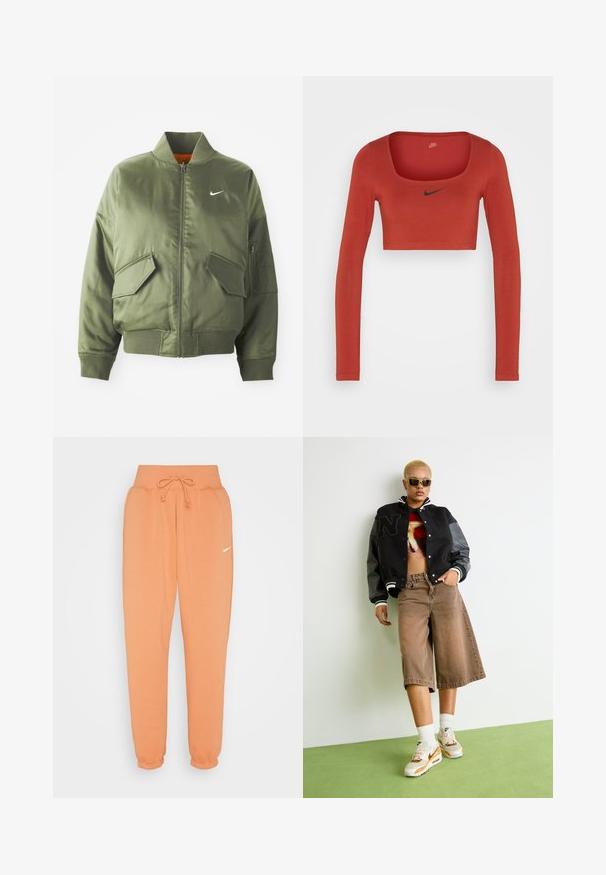 Olijfgroen bomberjack met geribde kraag en manchetten, rits sluiting, twee voorzakken en een zijritszak. Voorzien van het Nike-logo in het wit.; Nike Sportswear W NSW LS CROP TOP SW - Longsleeve - rugged orange/black; Nike Sportswear W PHNX FLC HR OS - Trainingsbroek - amber brown/sail; Persoon met kort blond haar, die een zonnebril, een zwarte varsityjack, een grafisch crop-top, een bruin wijde korte broek en witte Nike-sneakers draagt, staat op een groene vloer.