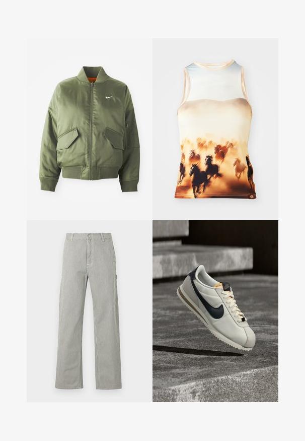Olivengrøn bomberjakke med ribbet krave og manchetter, lynlås-lukning, to frontlommer og en sidelomme med lynlås. Har Nike-logo i hvid.; Ærmeløs tanktop med et print af løbende heste i brune og cremefarvede nuancer, lavet af glat stof med rund halsudskæring og tætsiddende design.; Herrebukser med lige ben, tynde lodrette sorte og hvide striber, knaplukning, bæltestropper og sidelommer.; Hvid Nike Cortez-sneaker med sort swoosh-logo, beige sål og snørebånd, placeret over grå betontrapper og -jord.
