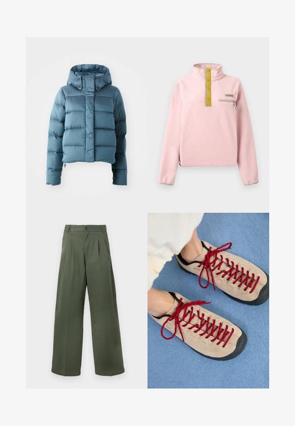 Daunenjacke in Hellblau, mit cropped Design, Kapuze und gestepptem Material, das gleichmäßig verteilte horizontale Abschnitte aufweist.; Hellrosa Fleece-Pullover mit hohem Kragen, vier gelben Knöpfen, einer grauen Reißverschlusstasche sowie elastischem Saum und Bündchen.; Grüne Hosen mit weitem Bein aus Baumwolle, mit Knopfverschluss, plissiertem Vorderteil und glatter Textur mit gerade gesäumtem Abschluss.; Beige Schuhe mit roten Schnürsenkeln, die auf einer blauen strukturierten Fläche positioniert sind und teilweise ein Fußgelenk einer Person zeigen. Die Schuhe haben ein sportliches Design.
