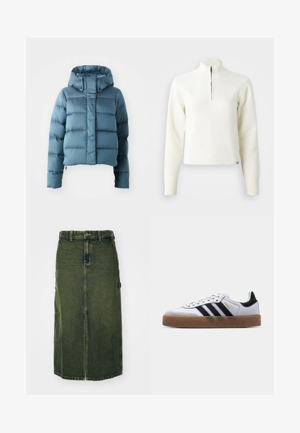 Daunenjacke in Hellblau, mit cropped Design, Kapuze und gestepptem Material, das gleichmäßig verteilte horizontale Abschnitte aufweist.; Weißer Sweater mit Reißverschluss am Hals und langen Ärmeln. Aus weichem Strickmaterial gefertigt, mit gerippten Bündchen und Saum. Dezentes Markenlogo am Saum.; Grünes Denim-Kleid mit mittellangem Schnitt, vorderem Schlitz, Knopfschluss und Gürtelschlaufen. Die Textur ist leicht verblasst, mit Seitentaschen.; Weiße Leder Sneakers mit schwarzen Streifen, Gummigummi-Außensohle, runder Zehenform, Schnürverschluss und weichem grauem Wildleder-Zehenkappe.