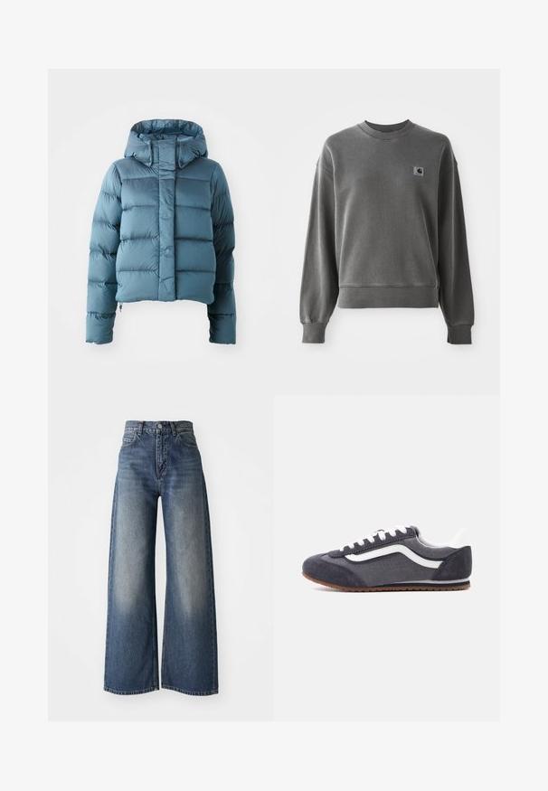Daunenjacke in Hellblau, mit cropped Design, Kapuze und gestepptem Material, das gleichmäßig verteilte horizontale Abschnitte aufweist.; Grau pullover Sweatshirt aus glattem Baumwollmix, mit rundem Halsausschnitt, gerippten Bündchen und einem kleinen Logopatch auf der linken Brust.; Blaue hoch taillierte Schlagjeans mit vorderem Knopf und Taschen, verblasste Textur an den Oberschenkeln und geradem Saum.; Grauer und dunkelgrauer Wildledersneaker mit weißen Schnürsenkeln, weißer Ferse, weißem Seitenstreifen und brauner Gummisohle, seitlich betrachtet.