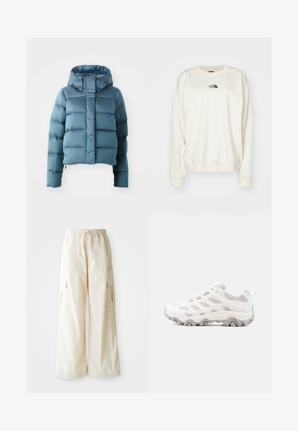 Doudoune bleu clair, avec un design court, une capuche et une texture matelassée avec des sections horizontales espacées uniformément.; The North Face ESSENTIAL OVERSIZE CREW - Sweatshirt - white dune; Pantalons cargo à jambes larges en tissu beige clair avec une taille élastique, un cordon de serrage et des poches latérales. Texture douce avec un minimum de détails.; Chaussure de randonnée gris clair avec une tige texturée, des panneaux en mesh et une semelle en caoutchouc. Dotée d'un système de laçage proéminent et du logo Merrell sur le côté.