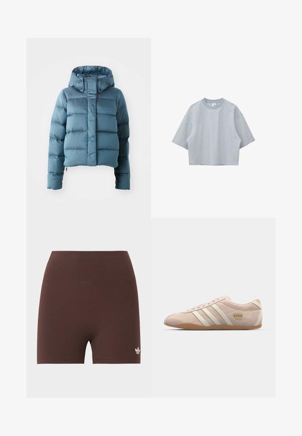 Daunenjacke in Hellblau, mit cropped Design, Kapuze und gestepptem Material, das gleichmäßig verteilte horizontale Abschnitte aufweist.; Hellblaues, kurz geschnittenes T-Shirt mit dünnen weißen horizontalen Streifen und kurzen Ärmeln vor weißem Hintergrund.; Braune, hoch taillierte, figurbetonte Biker-Shorts mit kleinem weißem Adidas-Trefoil-Logo am unteren linken Bein.; adidas Originals TOKYO - Sneaker low - quartz/off white