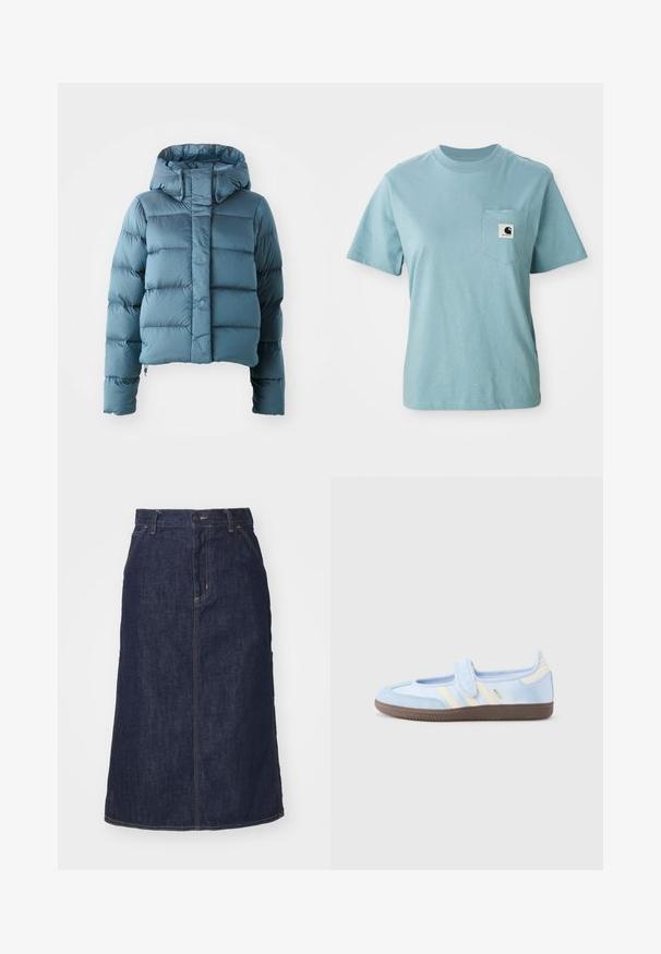 Lichtblauwe pufferjack, met een cropped ontwerp, capuchon en gequiltde textuur met gelijkmatig verdeelde horizontale secties.; Lichtblauw katoenen T-shirt met korte mouwen en een borstzak, voorzien van een klein zwart-wit Carhartt logo patch.; Donkere spijkerrok met een hoge taille, recht gesneden, voorzakken en gestikte naden. Voorzien van een rits en knoopsluiting op de taille.; Lichtblauwe sneaker met klittenbandsluiting, crèmekleurige strepen aan de zijkanten, zachte stoffen bovenzijde, gestructureerde bruine rubberen zool.