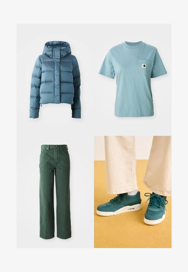 Daunenjacke in Hellblau, mit cropped Design, Kapuze und gestepptem Material, das gleichmäßig verteilte horizontale Abschnitte aufweist.; Helles blaues, kurzärmliges Baumwoll-T-Shirt mit Brusttasche, das mit einem kleinen schwarz-weißen Carhartt-Logo-Patch versehen ist.; Grüne weit geschnittene Jeans aus Denim. Sie verfügen über eine hohe Taille, gerade Beine, Fronttaschen und einen Metallknopfverschluss.; Türkise Sneaker mit strukturierten Overlays, glatten Seiten und weißen Gummisohlen. Kombiniert mit cremefarbenen, weit geschnittenen Hosen auf einer gelben Fläche.