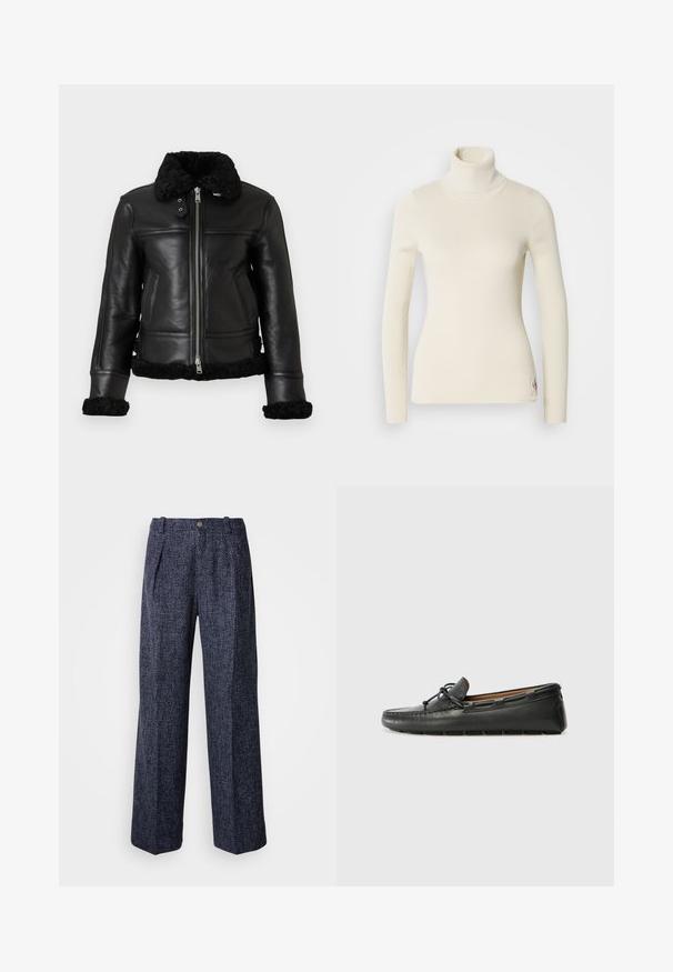 Mustat nahkatakki, jossa on pehmeä musta lampaankarvakaulus ja hihansuut, vetoketjukiinnitys ja rungon paneelit. Sisältää kaksi sivutaskua.; Kerman turtleneck-paita, joka on valmistettu ribbineuloksesta. Ominaisuuksiin kuuluvat pitkät hihat, tiukka malli ja pieni logo helman kohdalla. Pehmeä pinta.; Housut tummansinisestä kankaasta, jossa on teksturoitu kudonta, korkea vyötärö, leveä lahje ja etupuolella laskokset. Varustettu yhdellä napilla ja vetoketjulla.; Musta nahkainen venekenkä pyöreällä kärjellä, ommeltu yksityiskohta, pieni nauhatehoste ja kumipohja. Sujuva pinta ja virtaviivainen muotoilu.