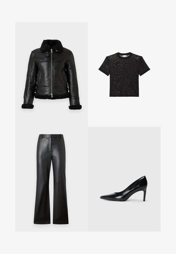 Chaqueta de cuero negro con un collar y puños de borrego negro y suave, cierre de cremallera y paneles en el cuerpo. Cuenta con dos bolsillos laterales.; Camiseta negra de malla de manga corta con cuello redondo y logo en relieve "cK" centrado en el frente.; Pantalones de cuero negro con una textura suave, diseño de pierna ancha y una cinturilla de altura media que presenta trabillas para cinturón y bolsillos frontales.; Zapato de tacón alto de cuero negro con punta afilada, textura suave y tacón en forma de cono. Diseño minimalista, sin adornos adicionales.