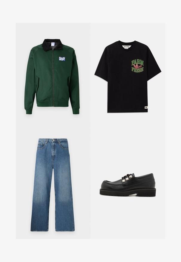 Veste bombardier verte avec un col en velours côtelé noir, fermeture éclair à l'avant, poches latérales et un écusson bleu affichant "R.P." sur la poitrine gauche.; T-shirt en coton noir avec un imprimé graphique en texte vert et rose indiquant "FARM FRESH", à coupe loose et à manches courtes.; Jean en denim bleu à jambes évasées avec un design classique à cinq poches, fermeture à bouton à l'avant et légères décolorations pour ajouter de la texture.; Mocassins en cuir noir avec un bout arrondi, présentant trois accents métalliques et une semelle texturée pour une meilleure adhérence. Tige lisse et détails cousus.
