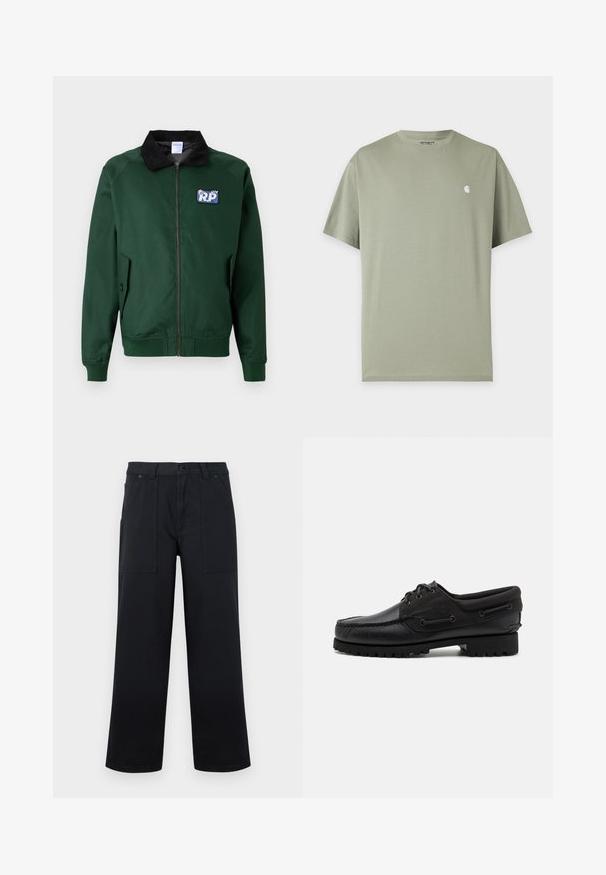 Veste bombardier verte avec un col en velours côtelé noir, fermeture éclair à l'avant, poches latérales et un écusson bleu affichant "R.P." sur la poitrine gauche.; T-shirt uni vert clair à manches courtes avec petit logo Carhartt blanc sur la poitrine gauche et col rond.; Pantalon noir à jambes larges avec poches plaquées à l'avant, passants pour ceinture et fermeture par bouton, présenté sur un fond uni.; Chaussure noire avec un dessus en cuir, des accents textiles, des lacets ronds et une semelle en caoutchouc texturé. Présente des coutures mocassins et des détails de marque.