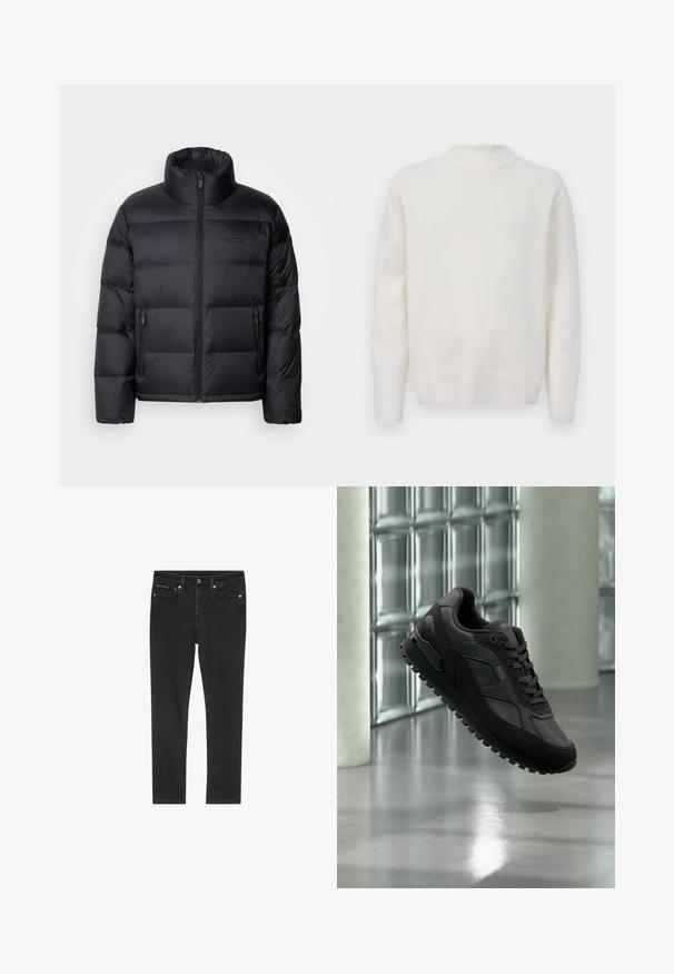 Calvin Klein PUFFER - Páperová bunda - black; Biely sveter s dlhými rukávmi a okrúhlym výstrihom so rebrovaným golierom, manžetami a pásom, zobrazený na jednoduchom bielom pozadí.; Čierne riflové nohavice s úzkym strihom, štyrmi vreckami, kovovým zapínaním na gombík a jemnými detailmi s opotrebovaním. Hladká textúra a klasický dizajn.; Čierny športový teniska s textúrovanými a hladkými panelmi, šnúrkami a označením "BOSS", zobrazená vo vzduchu pred stenou zo sklenených blokov a leštenou podlahou.