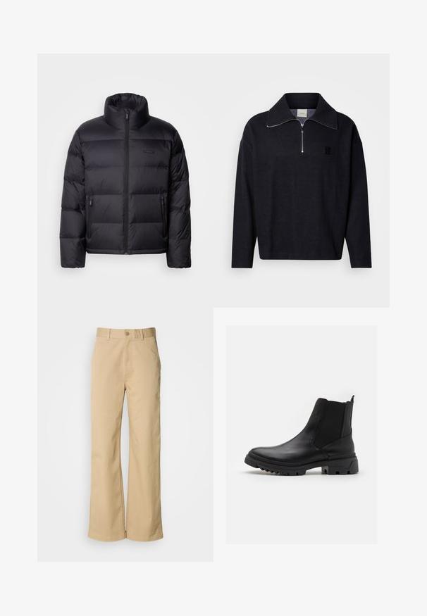 Calvin Klein PUFFER - Chaqueta de plumas - black; Jersey de color azul marino oscuro con cuello alto, media cremallera en la parte delantera y parche de logo cuadrado. Hecho de un tejido suave y texturizado con mangas largas.; Pantalones beige de pierna ancha, hechos de una mezcla de algodón. Presentan un cierre de botón y trabillas para cinturón. Textura suave, con detalles de costura mínimos.; Steve Madden QUADE - Botines - black
