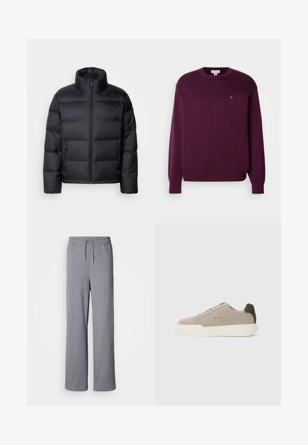 Calvin Klein PUFFER - Doudoune - black; Pull en tricot violet avec manches longues, col rond, bord-côte en bas et aux poignets, arborant un petit logo CK sur la poitrine. Texture lisse.; Pantalons de survêtement gris à jambes larges en matériau doux ; dotés d'une taille élastique avec cordon de serrage et sans poches. Design simple et sans ornements.; Baskets en suède beige avec une semelle en caoutchouc blanche, présentant un accent de talon vert foncé et une branding subtile sur le côté.